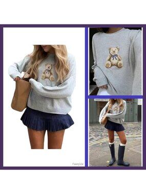 Women's Bear Print Knit Pullover Sweater Long Sleeve Crew Neck